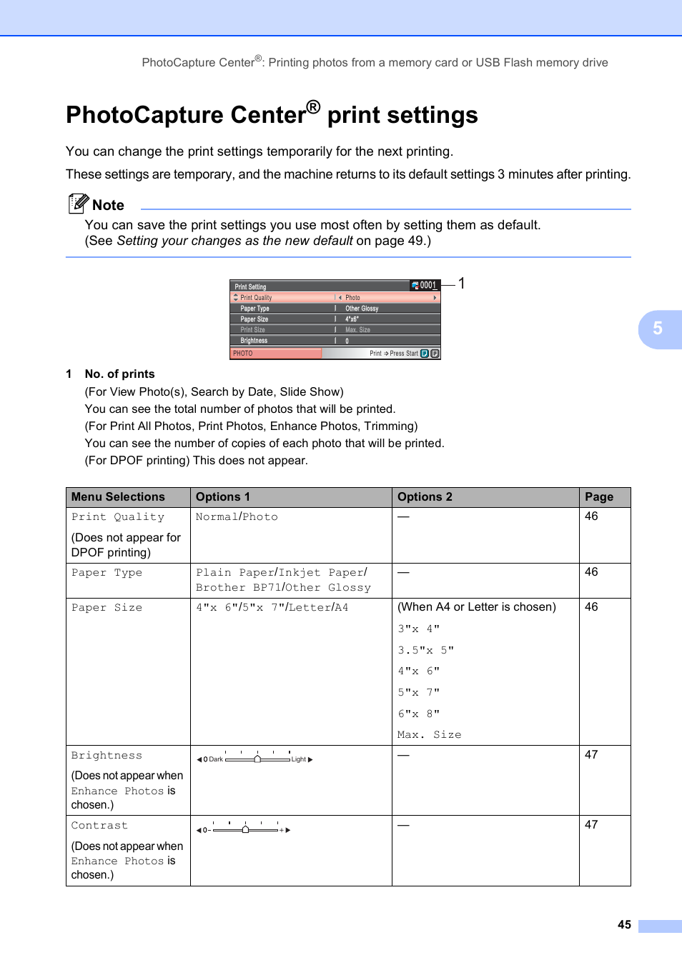 Photocapture center® print settings, Photocapture center, Print settings | Brother DCP-585CW User Manual | Page 57 / 132