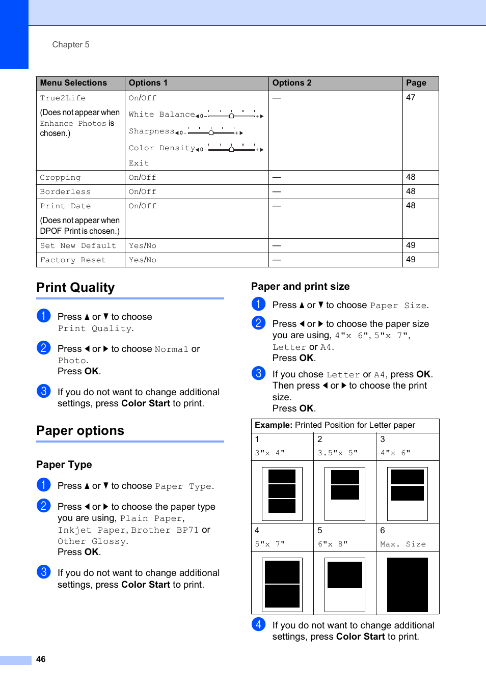 Print quality, Paper options, Paper type | Paper and print size, Print quality paper options | Brother DCP-585CW User Manual | Page 58 / 132