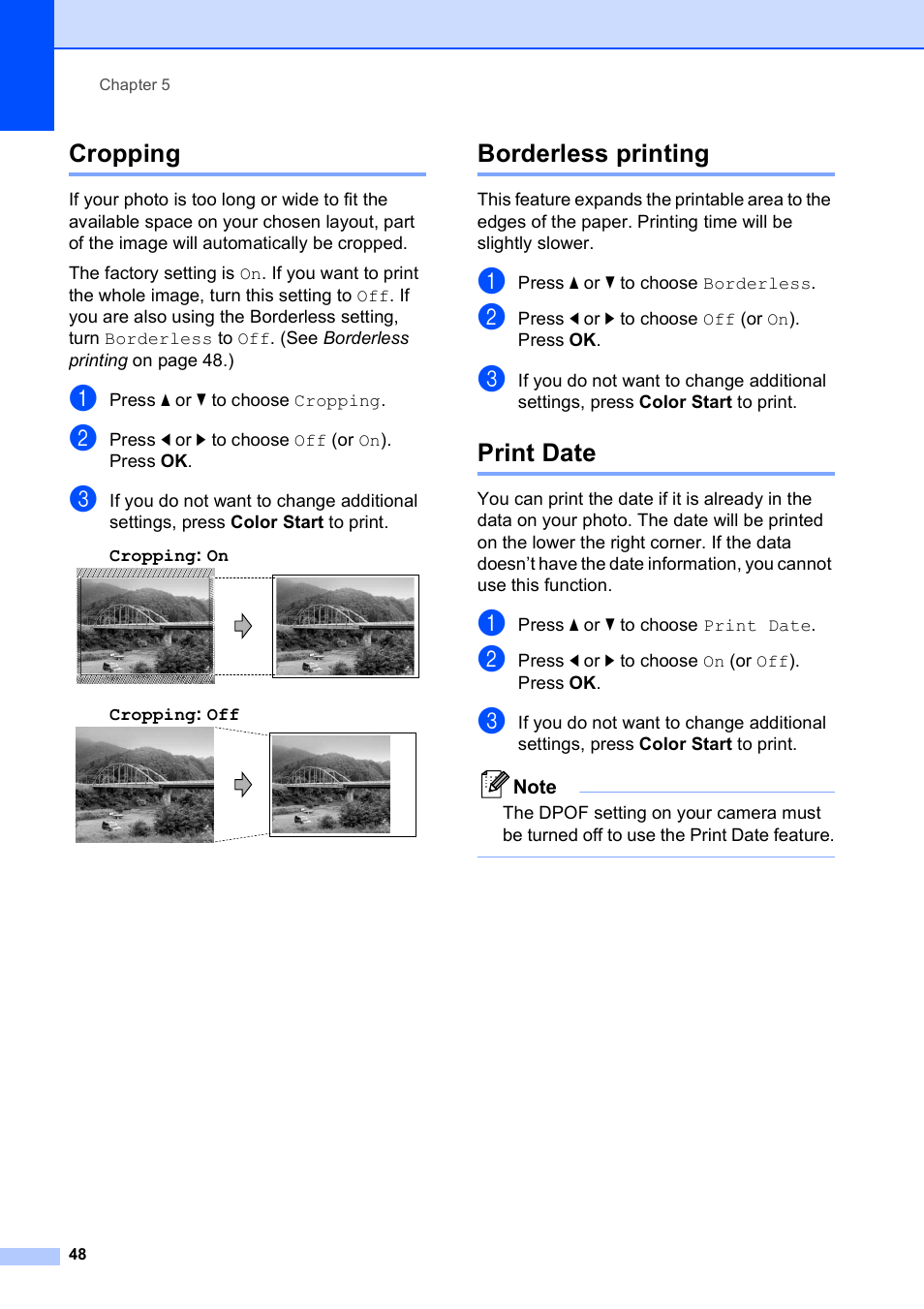 Cropping, Borderless printing, Print date | Cropping borderless printing print date | Brother DCP-585CW User Manual | Page 60 / 132