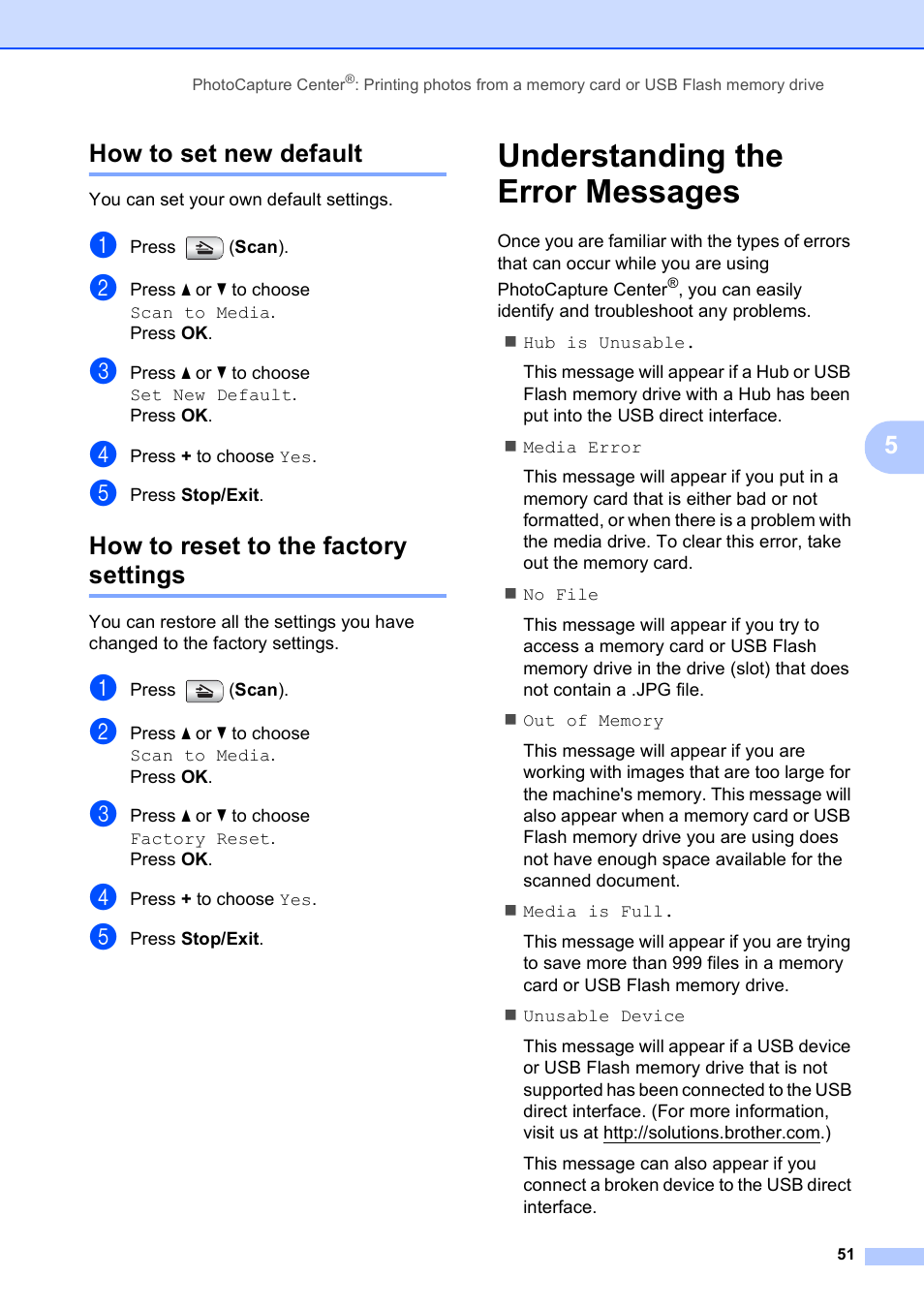 How to set new default, How to reset to the factory settings, Understanding the error messages | 5how to set new default | Brother DCP-585CW User Manual | Page 63 / 132