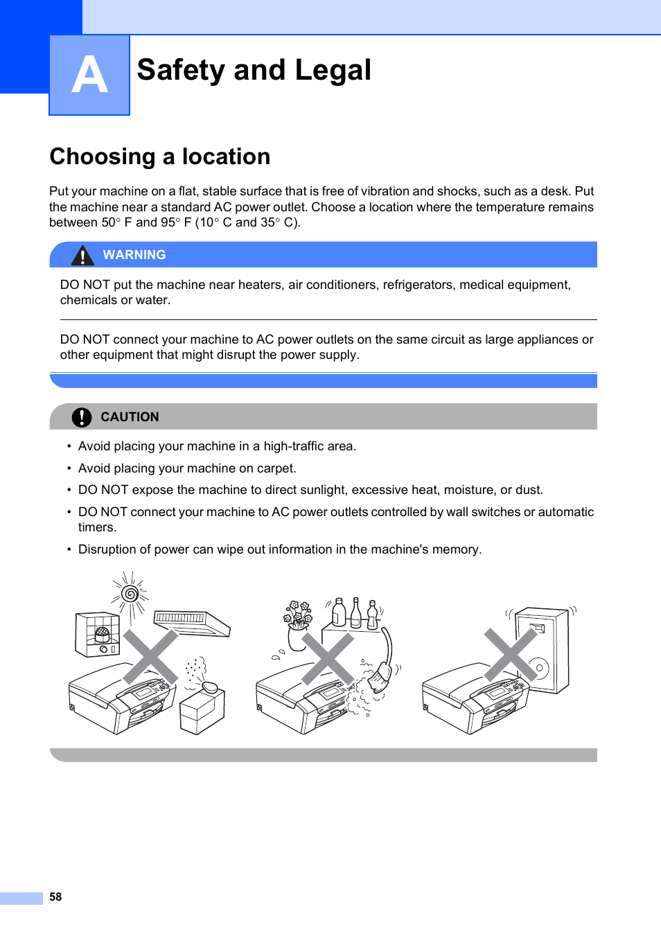 A safety and legal, Choosing a location, Safety and legal | Brother DCP-585CW User Manual | Page 70 / 132