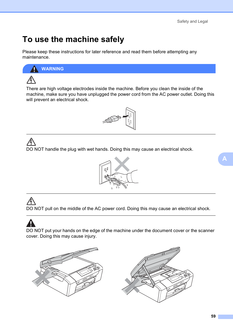 To use the machine safely, Safety and legal 59 | Brother DCP-585CW User Manual | Page 71 / 132