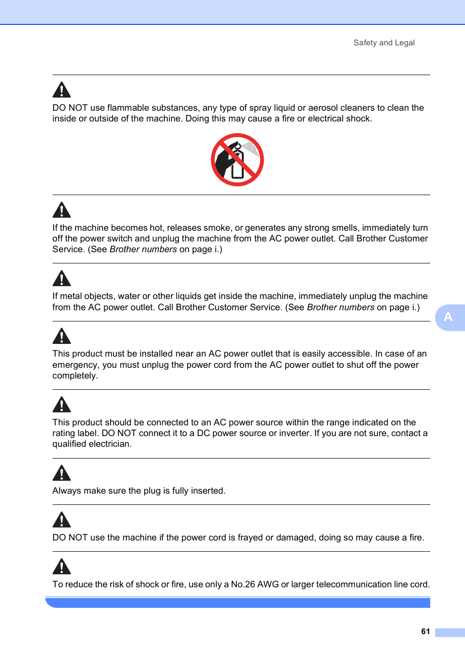 Always make sure the plug is fully inserted, Safety and legal 61 | Brother DCP-585CW User Manual | Page 73 / 132
