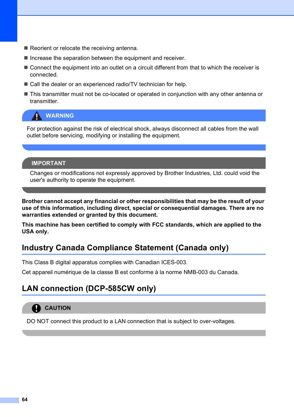 Industry canada compliance statement (canada only), Lan connection (dcp-585cw only) | Brother DCP-585CW User Manual | Page 76 / 132