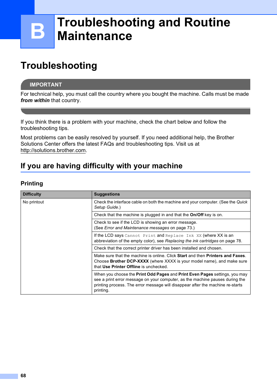B troubleshooting and routine maintenance, Troubleshooting, If you are having difficulty with your machine | Troubleshooting and routine maintenance | Brother DCP-585CW User Manual | Page 80 / 132