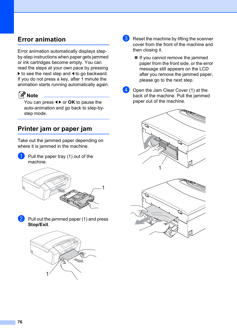 Error animation, Printer jam or paper jam, Error animation printer jam or paper jam | Brother DCP-585CW User Manual | Page 88 / 132