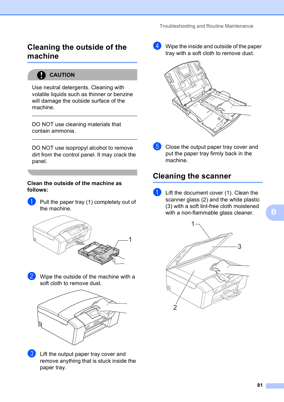 Cleaning the outside of the machine, Cleaning the scanner, Bcleaning the outside of the machine | Brother DCP-585CW User Manual | Page 93 / 132