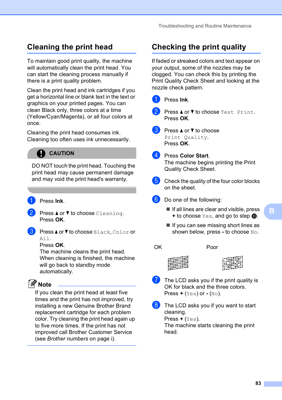 Cleaning the print head, Checking the print quality, Cleaning the print head checking the print quality | Bcleaning the print head | Brother DCP-585CW User Manual | Page 95 / 132