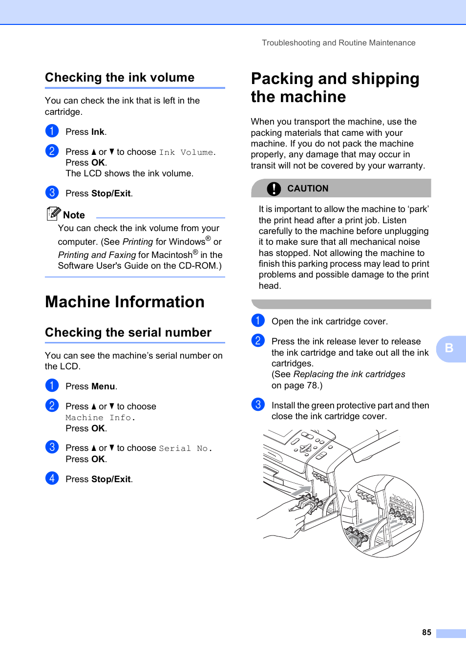 Checking the ink volume, Machine information, Checking the serial number | Packing and shipping the machine, Bchecking the ink volume | Brother DCP-585CW User Manual | Page 97 / 132