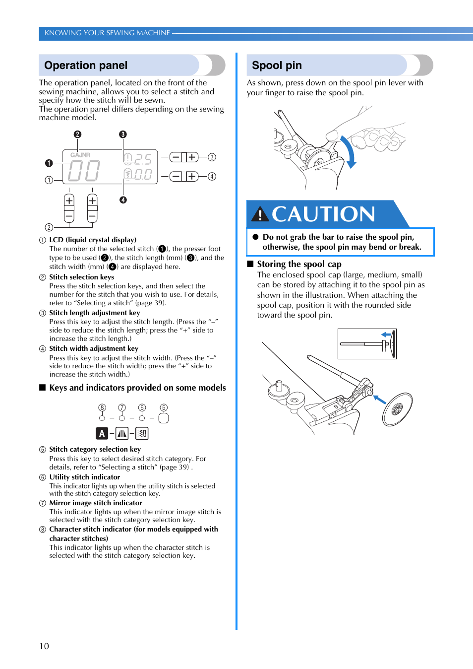 Caution, Operation panel, Spool pin | Brother SQ9185 User Manual | Page 12 / 116