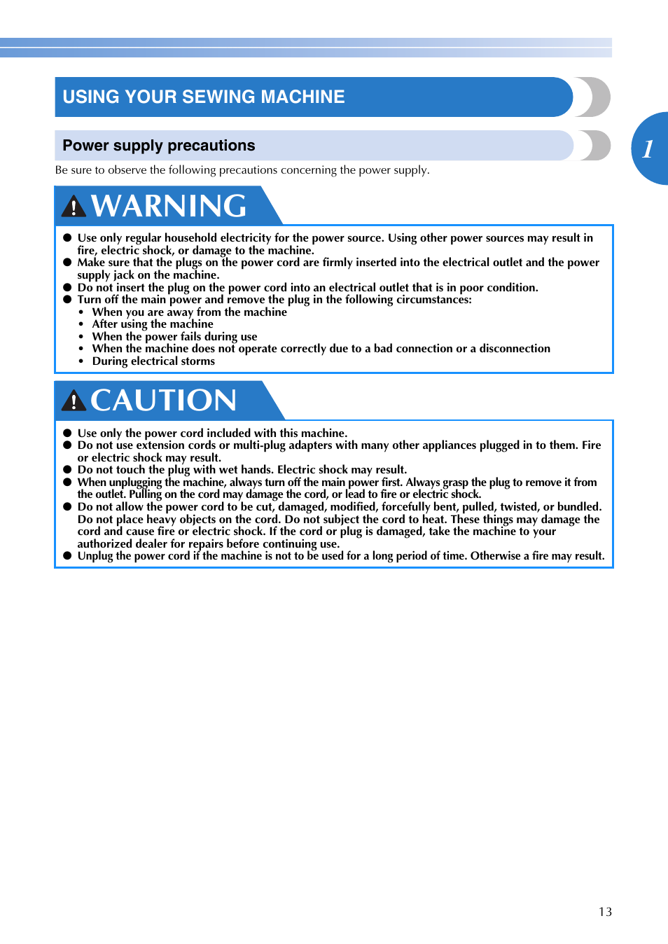 Warning, Caution, Using your sewing machine | Brother SQ9185 User Manual | Page 15 / 116