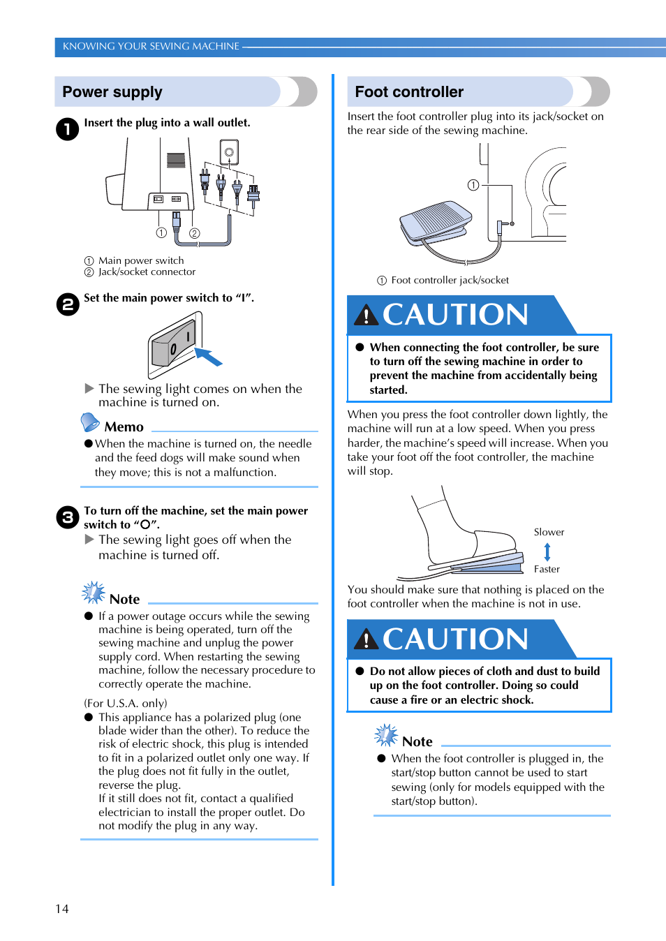Caution, Power supply, Foot controller | Brother SQ9185 User Manual | Page 16 / 116