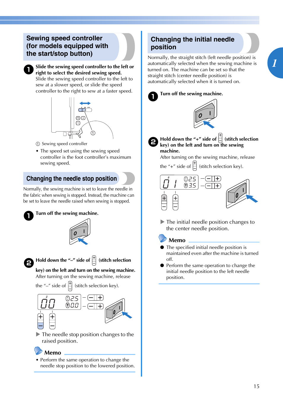 Changing the needle stop position, Changing the initial needle position | Brother SQ9185 User Manual | Page 17 / 116