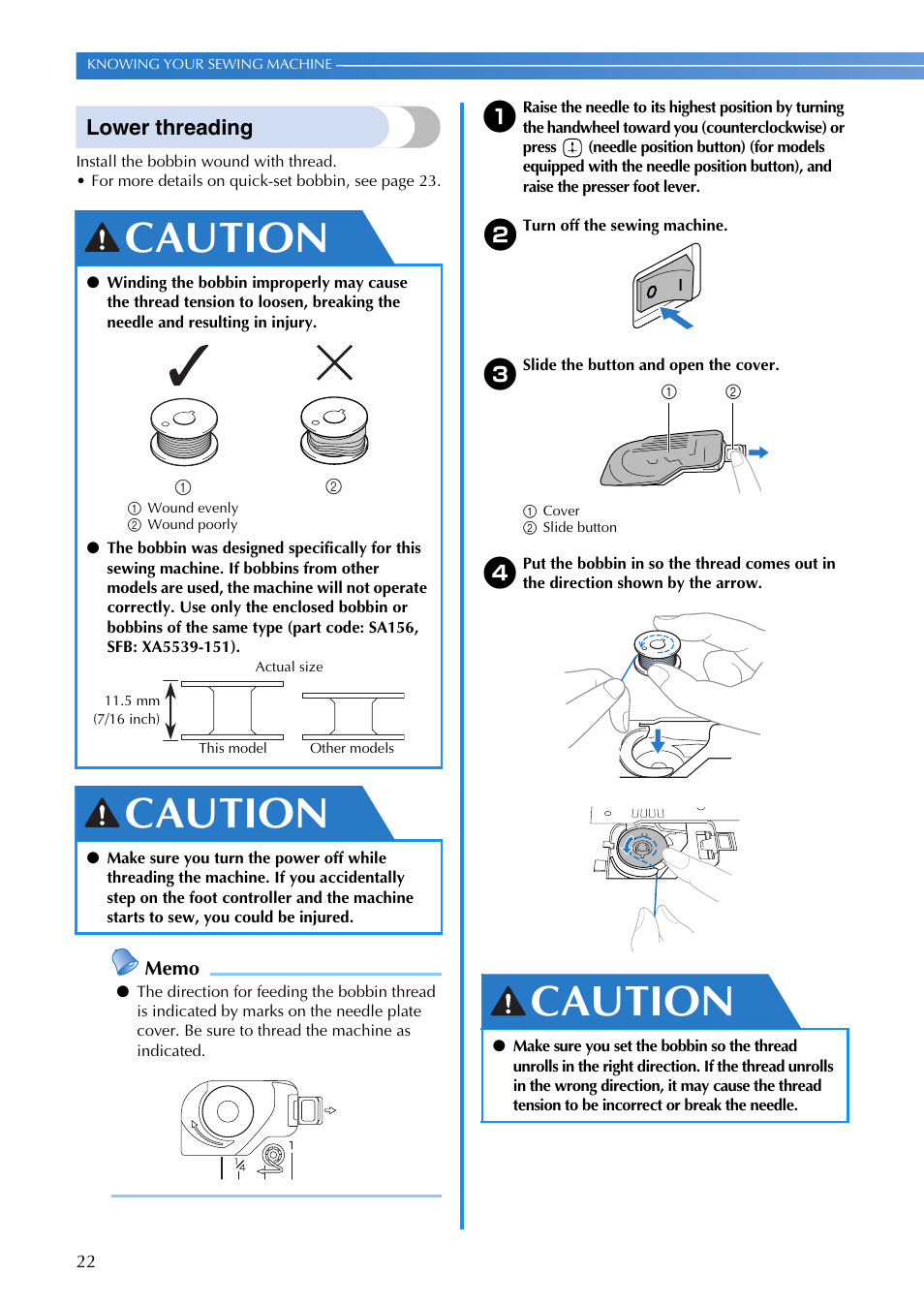 Caution, Lower threading | Brother SQ9185 User Manual | Page 24 / 116