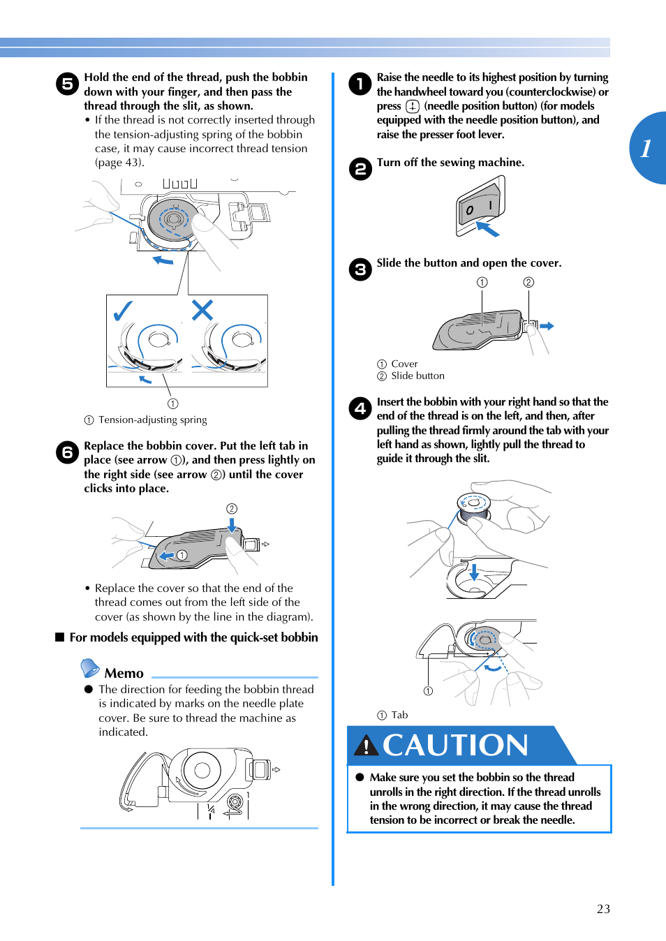 Caution | Brother SQ9185 User Manual | Page 25 / 116