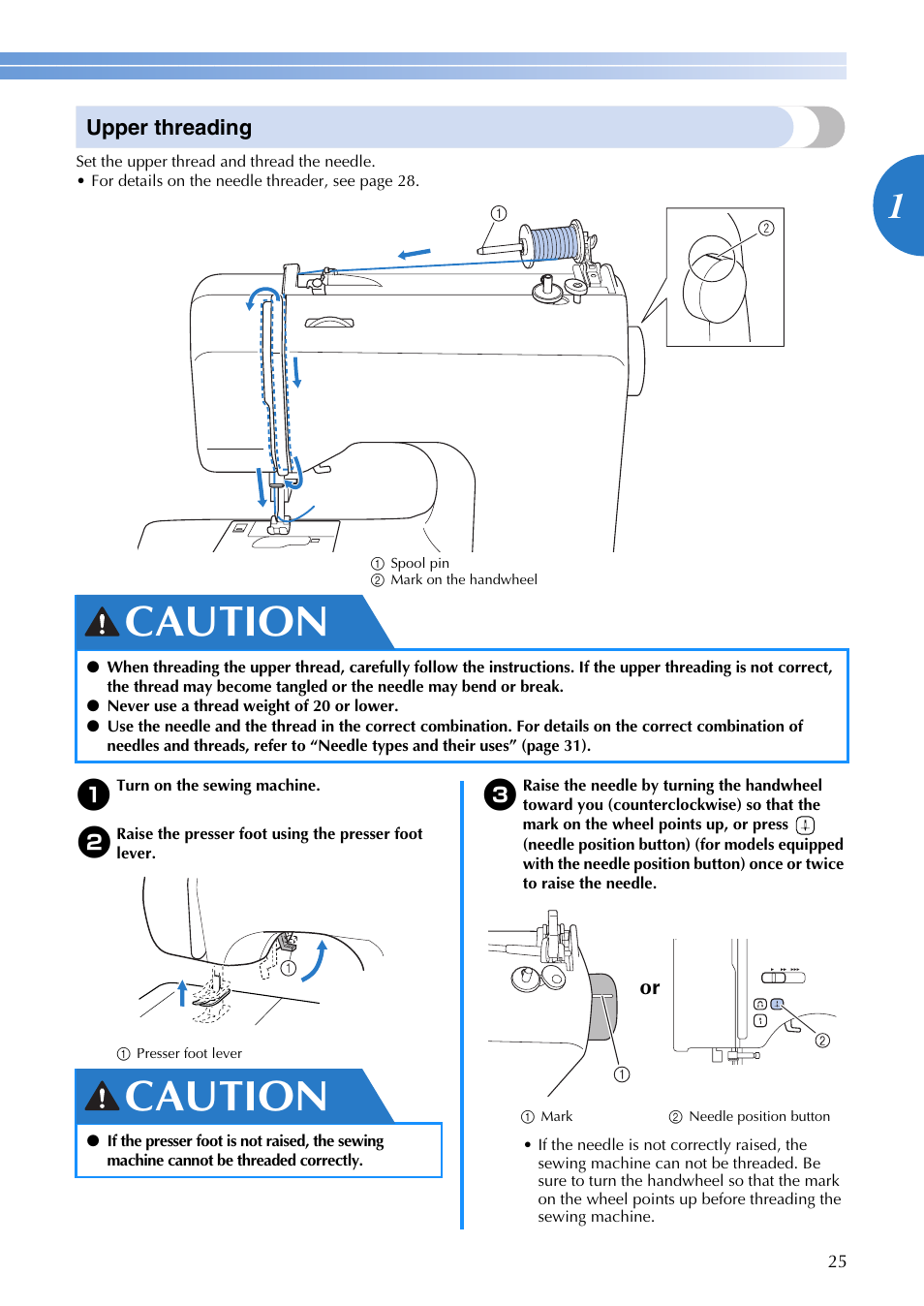 Caution, Upper threading | Brother SQ9185 User Manual | Page 27 / 116