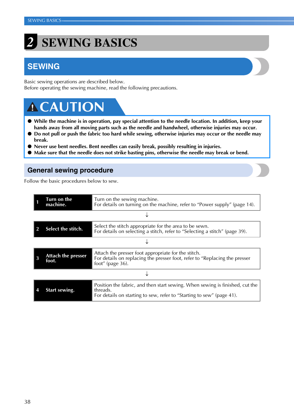 Caution, Sewing basics, Sewing | General sewing procedure | Brother SQ9185 User Manual | Page 40 / 116