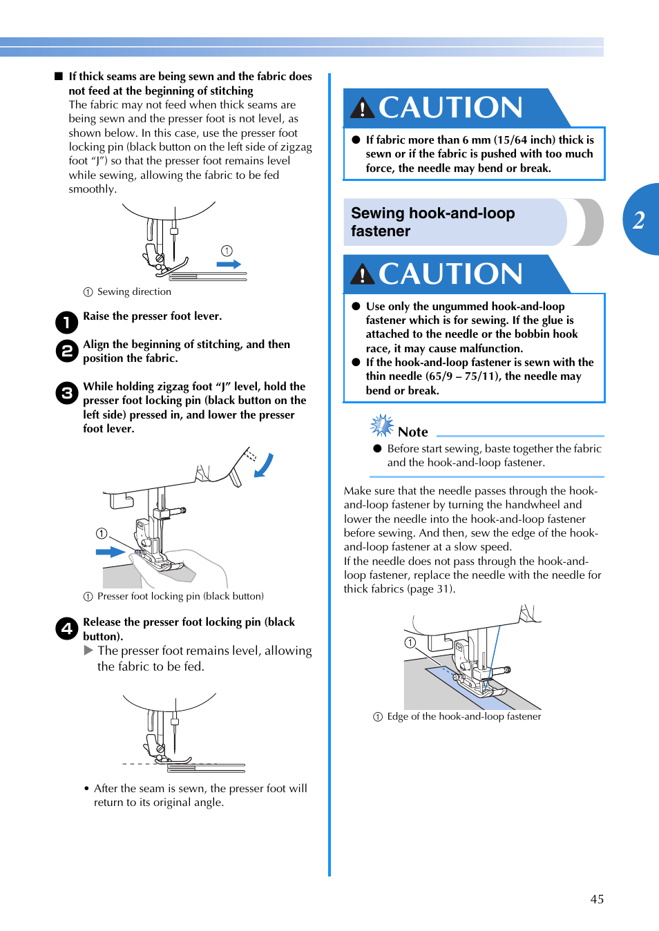 Caution, Sewing hook-and-loop fastener | Brother SQ9185 User Manual | Page 47 / 116