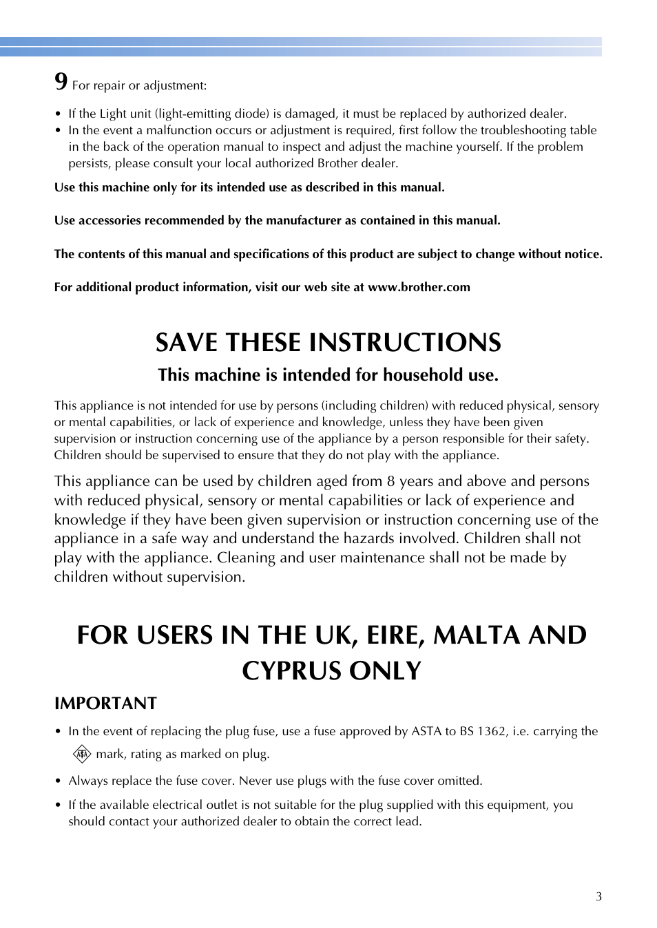 Save these instructions, For users in the uk, eire, malta and cyprus only | Brother SQ9185 User Manual | Page 5 / 116