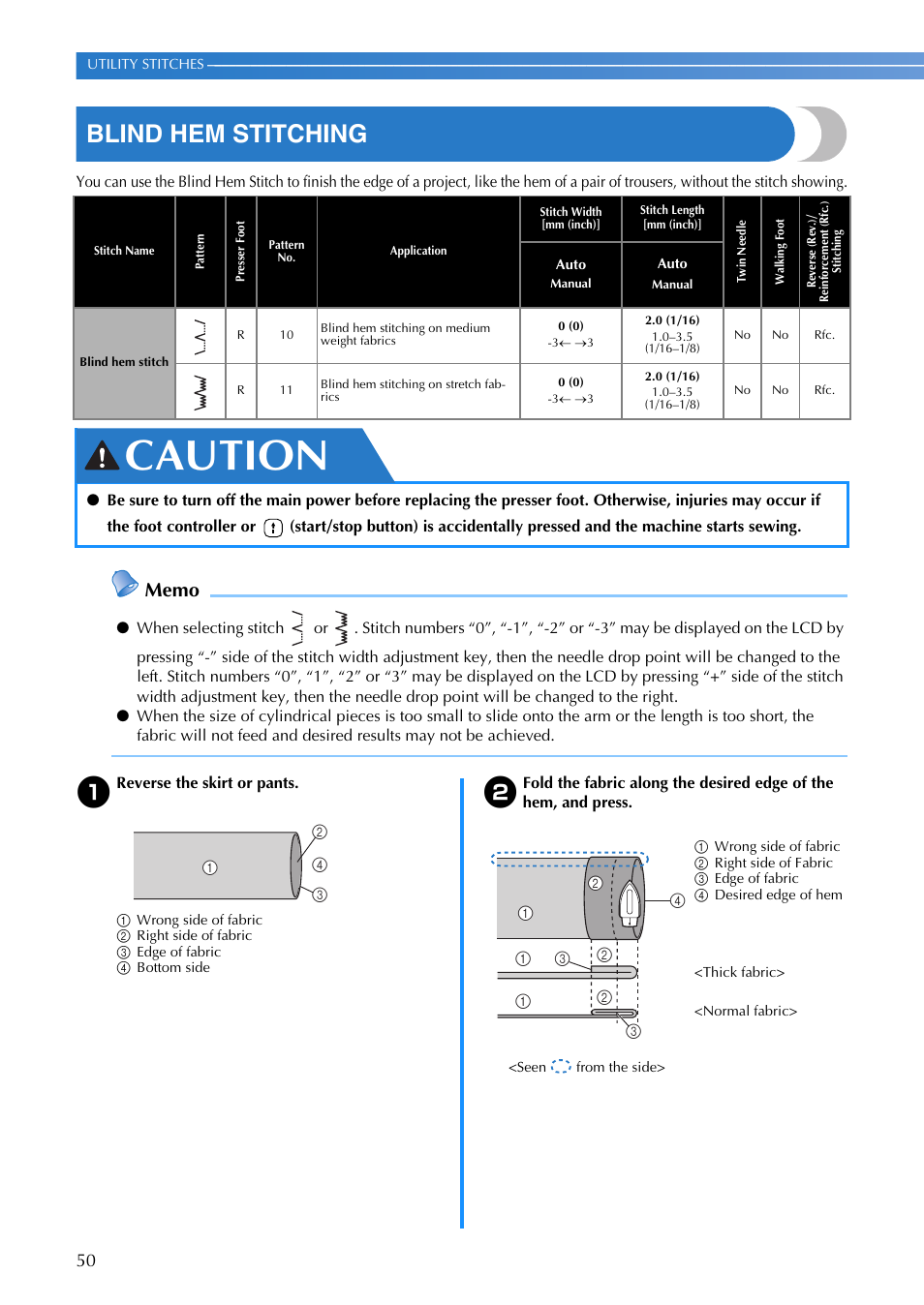 Caution, Blind hem stitching | Brother SQ9185 User Manual | Page 52 / 116
