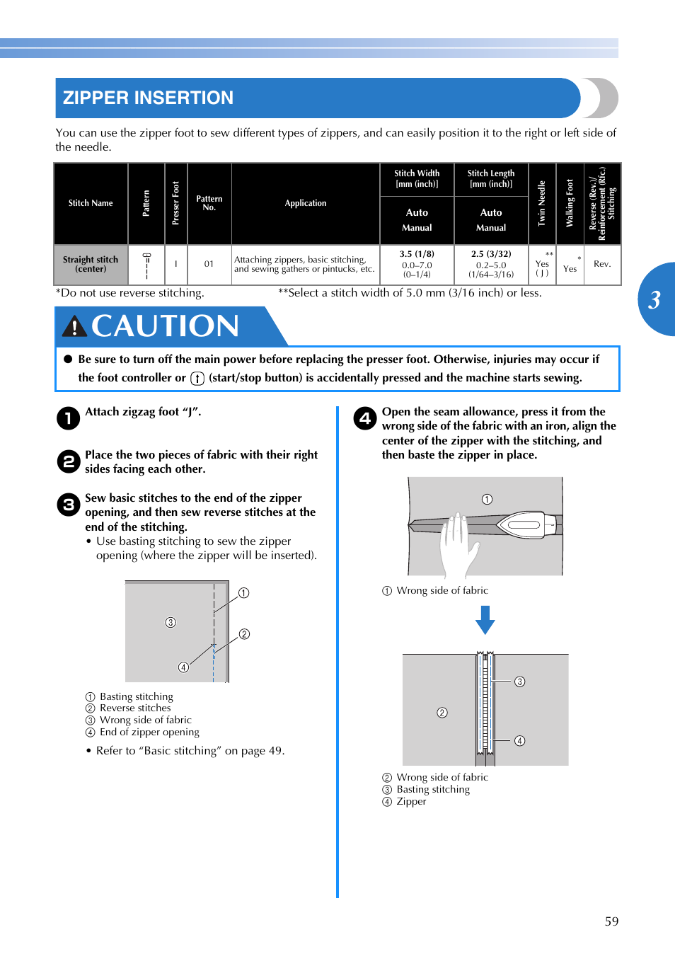 Caution, Zipper insertion | Brother SQ9185 User Manual | Page 61 / 116