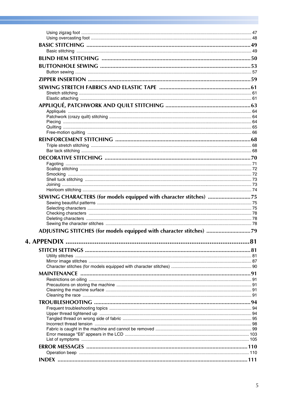 Appendix | Brother SQ9185 User Manual | Page 7 / 116