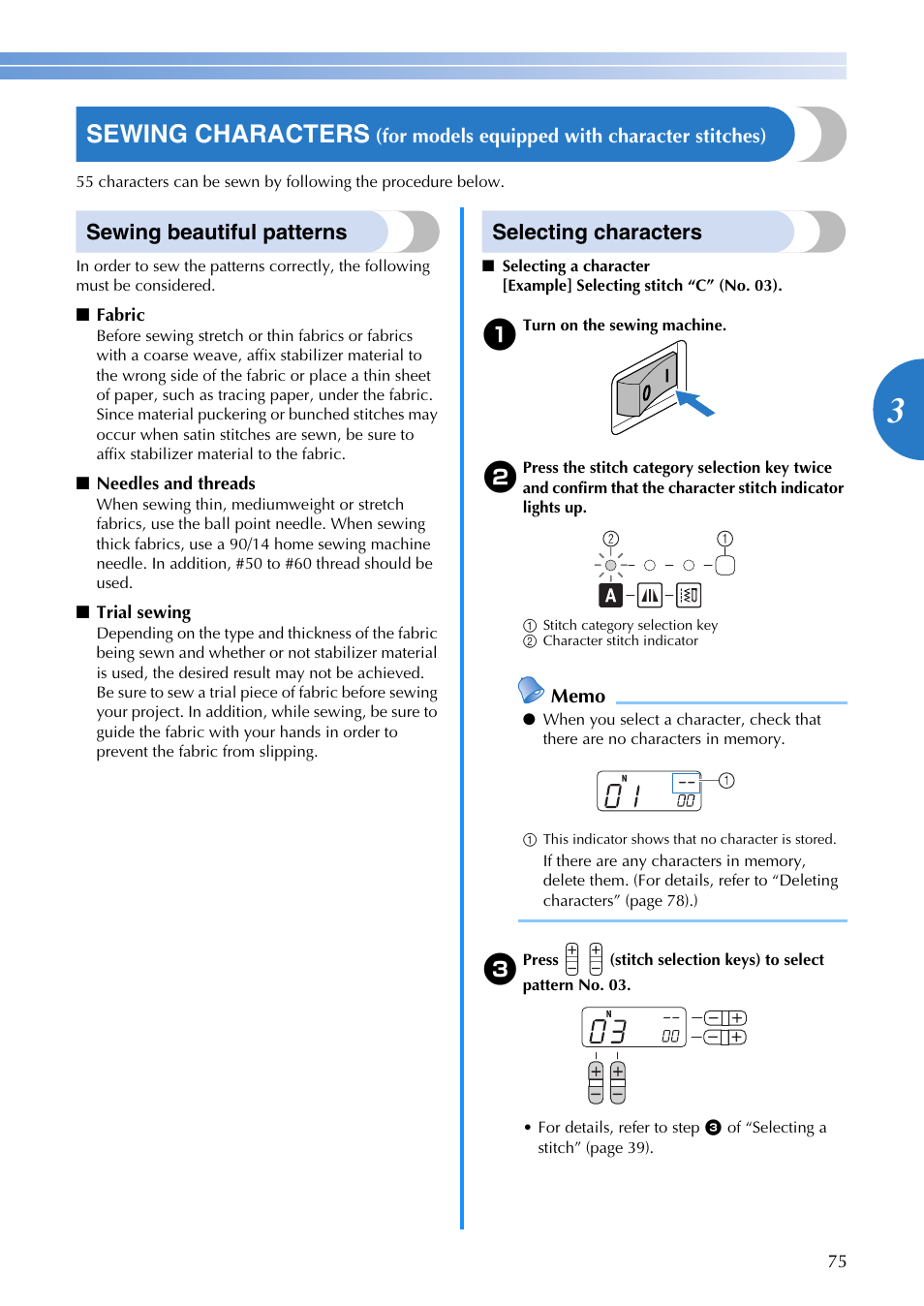 Sewing characters, Sewing beautiful patterns, Selecting characters | Brother SQ9185 User Manual | Page 77 / 116