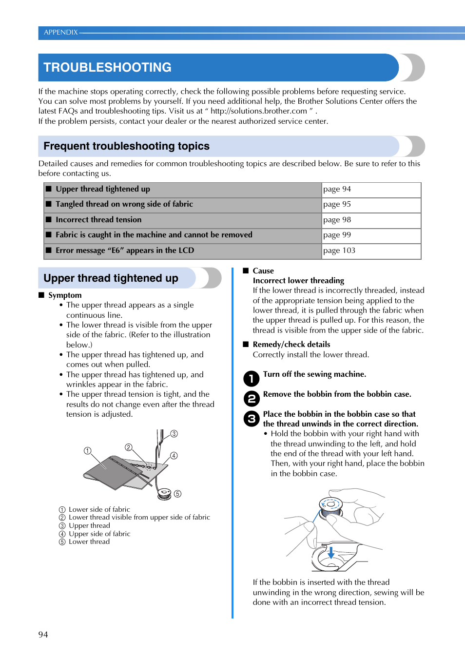 Troubleshooting, Frequent troubleshooting topics, Upper thread tightened up | Brother SQ9185 User Manual | Page 96 / 116