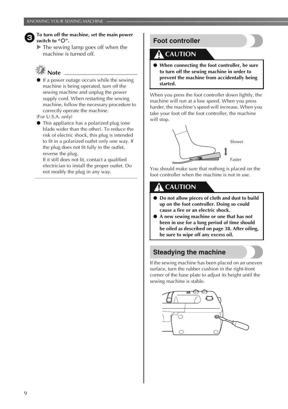 Foot controller, Steadying the machine, Caution | Brother LS2250PRW User Manual | Page 10 / 96
