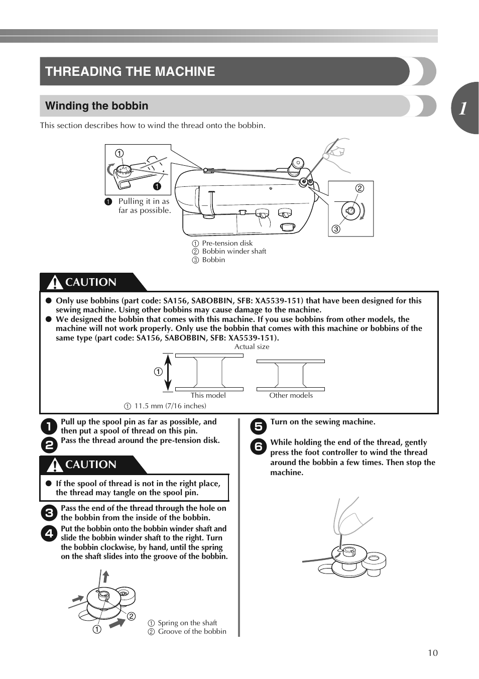Threading the machine, Winding the bobbin, Caution | Brother LS2250PRW User Manual | Page 11 / 96