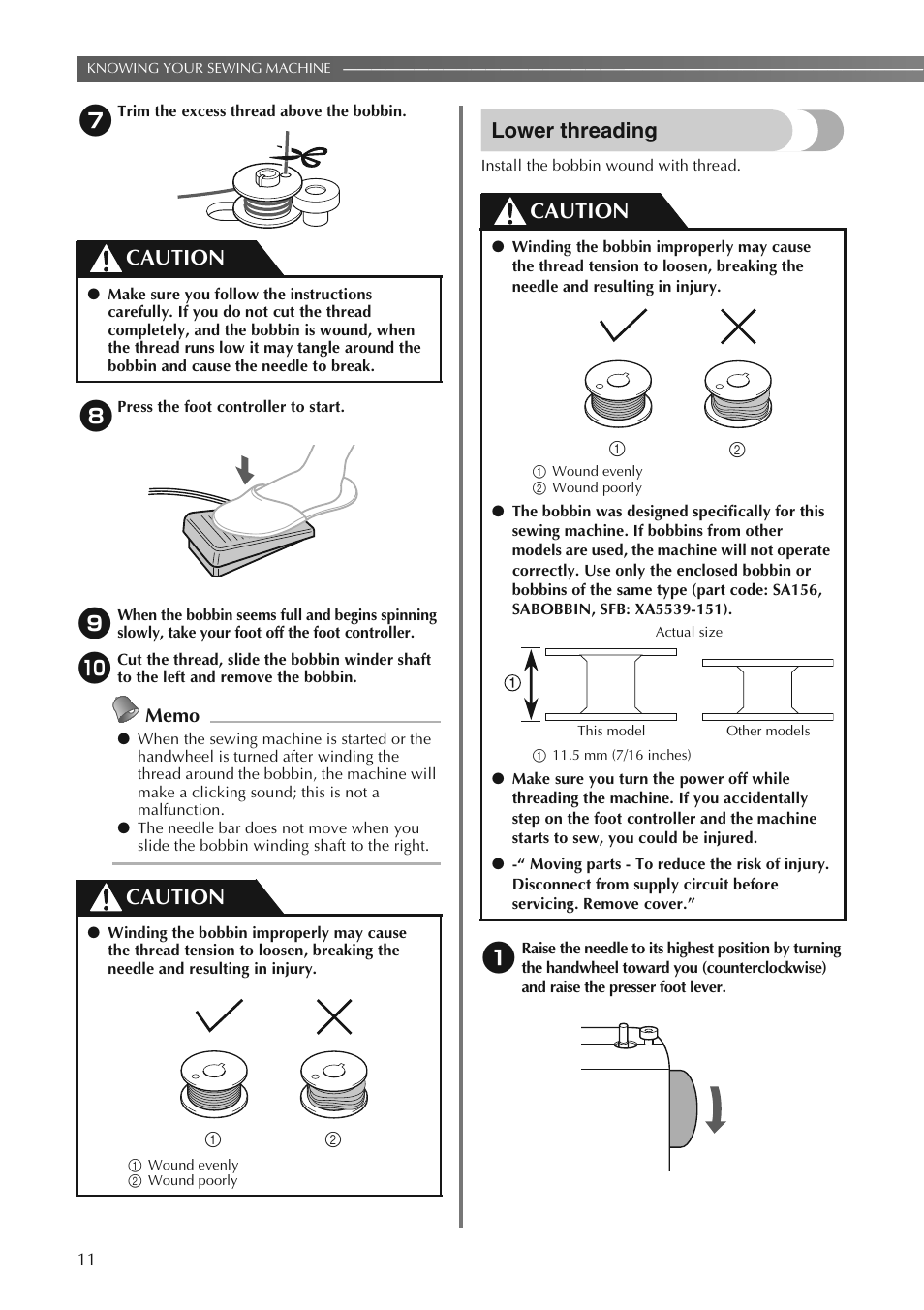 Lower threading, Caution | Brother LS2250PRW User Manual | Page 12 / 96