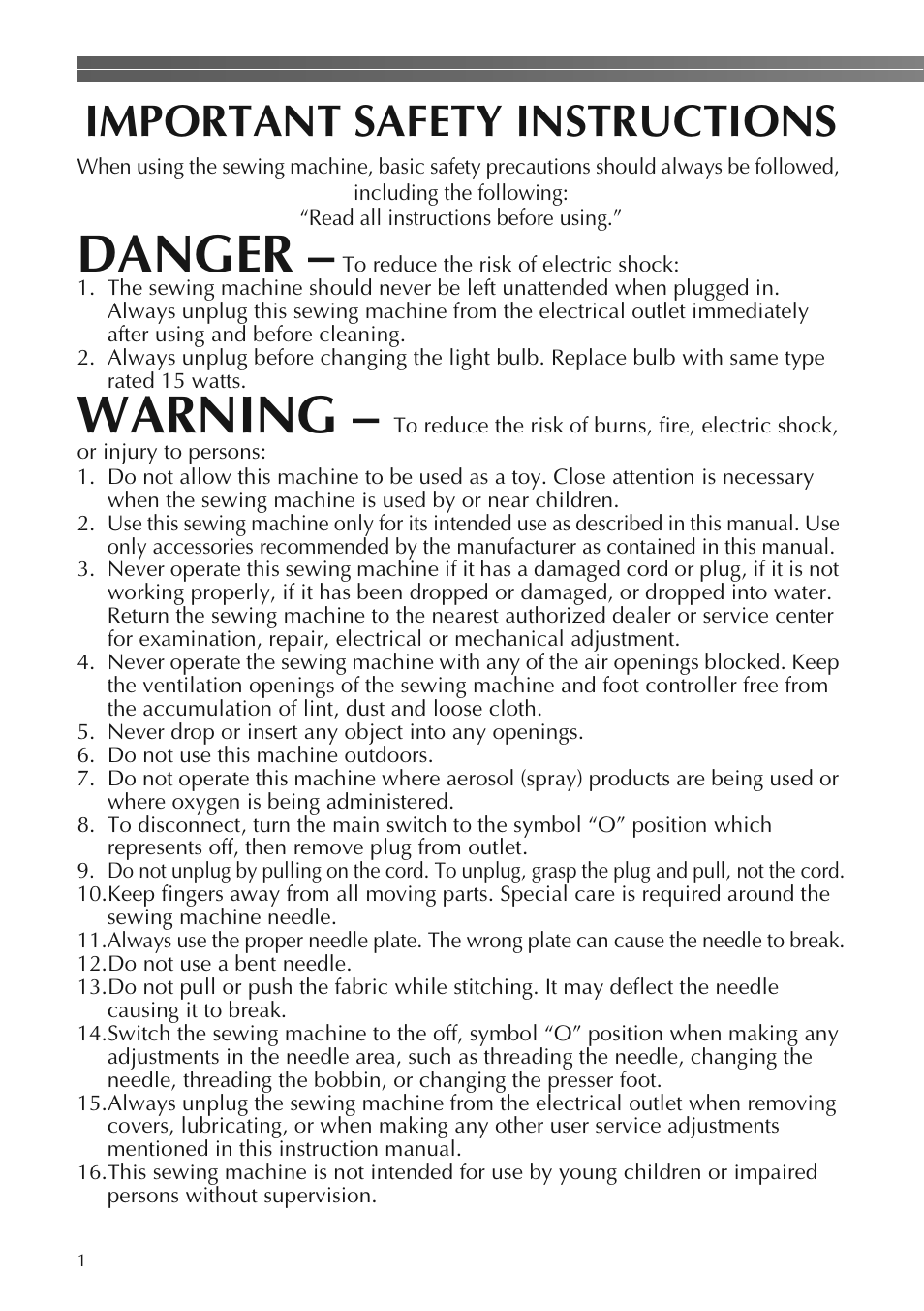 Danger, Warning, Important safety instructions | Brother LS2250PRW User Manual | Page 2 / 96