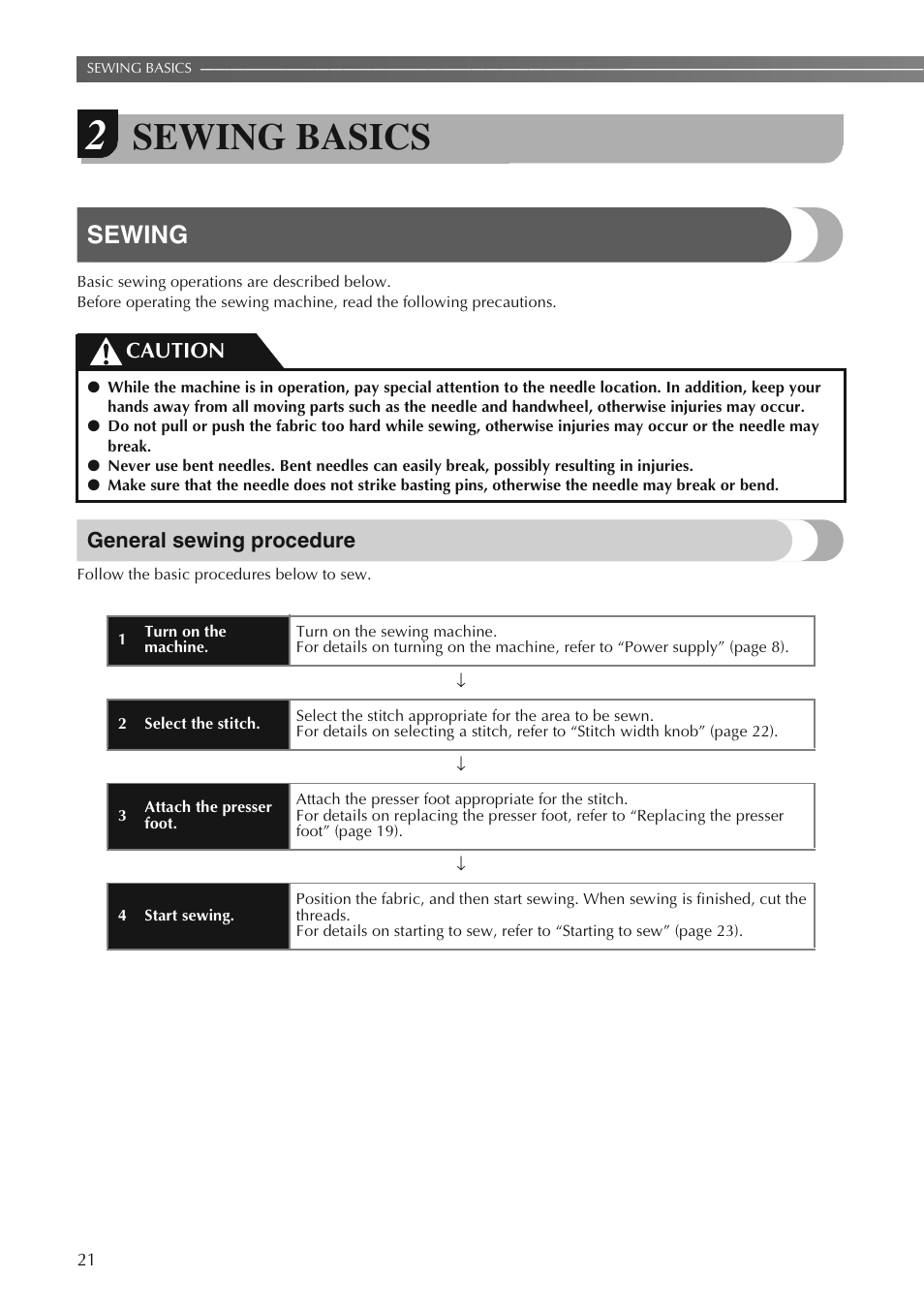 Sewing basics, Sewing, General sewing procedure | Caution | Brother LS2250PRW User Manual | Page 22 / 96