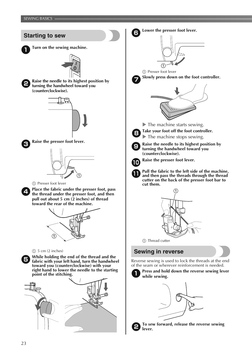 Starting to sew, Sewing in reverse | Brother LS2250PRW User Manual | Page 24 / 96