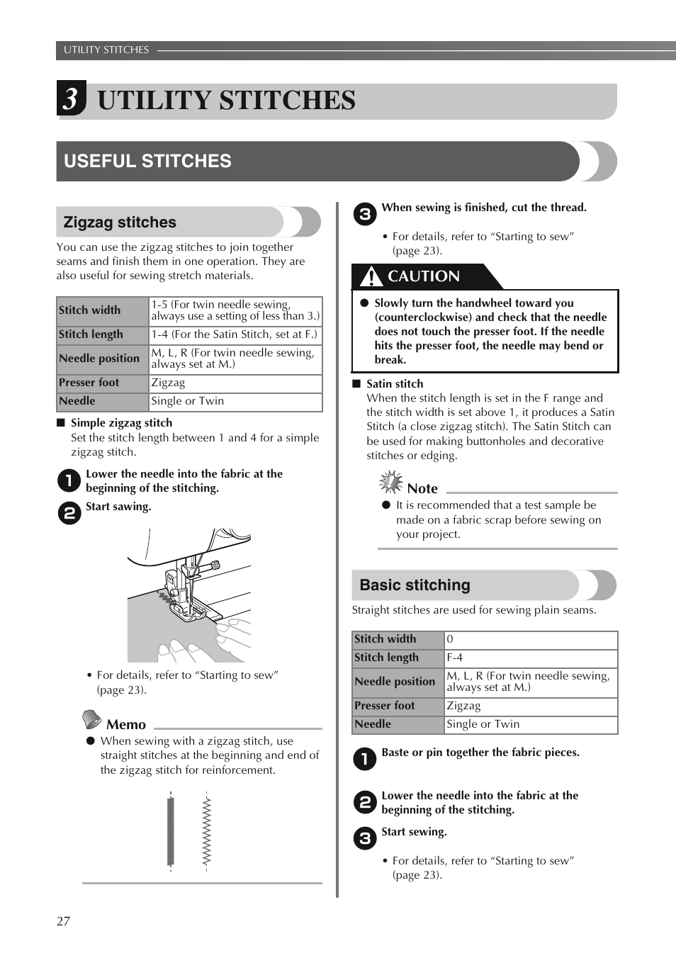Utility stitches, Useful stitches, Zigzag stitches | Basic stitching, Caution | Brother LS2250PRW User Manual | Page 28 / 96
