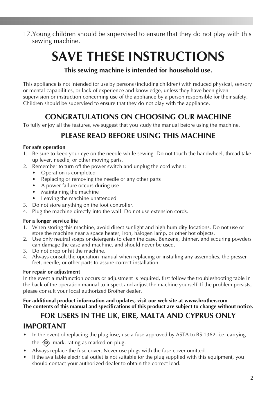 Save these instructions, Please read before using this machine | Brother LS2250PRW User Manual | Page 3 / 96