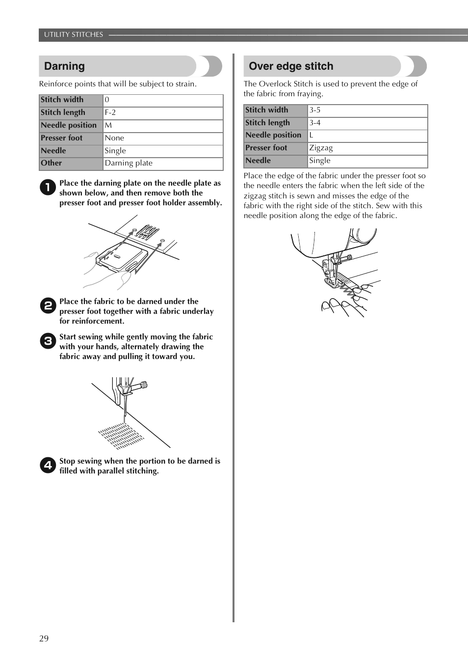 Darning, Over edge stitch | Brother LS2250PRW User Manual | Page 30 / 96