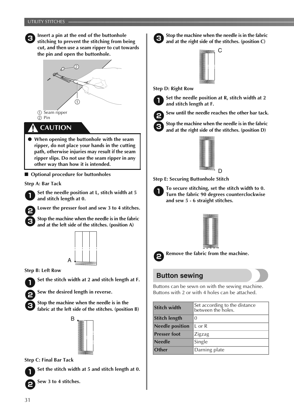 Button sewing, Caution | Brother LS2250PRW User Manual | Page 32 / 96