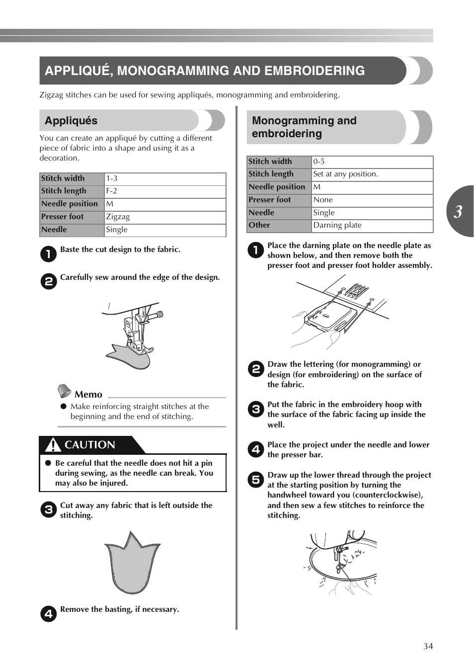 Appliqué, monogramming and embroidering, Appliqués, Monogramming and embroidering | Caution | Brother LS2250PRW User Manual | Page 35 / 96