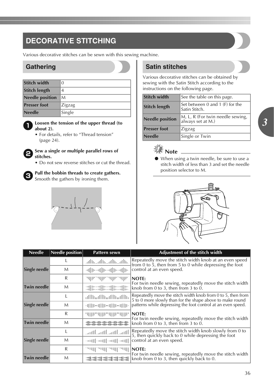 Decorative stitching, Gathering, Satin stitches | Brother LS2250PRW User Manual | Page 37 / 96