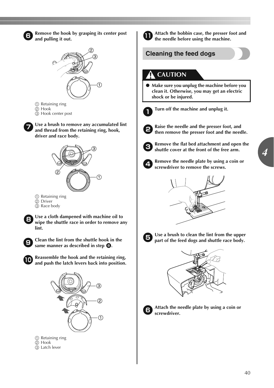 Cleaning the feed dogs, Caution | Brother LS2250PRW User Manual | Page 41 / 96