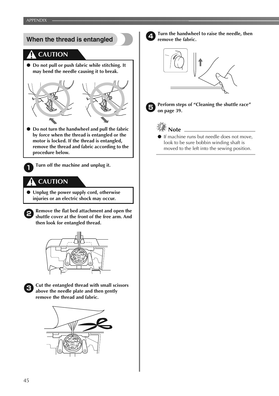 When the thread is entangled, Caution | Brother LS2250PRW User Manual | Page 46 / 96