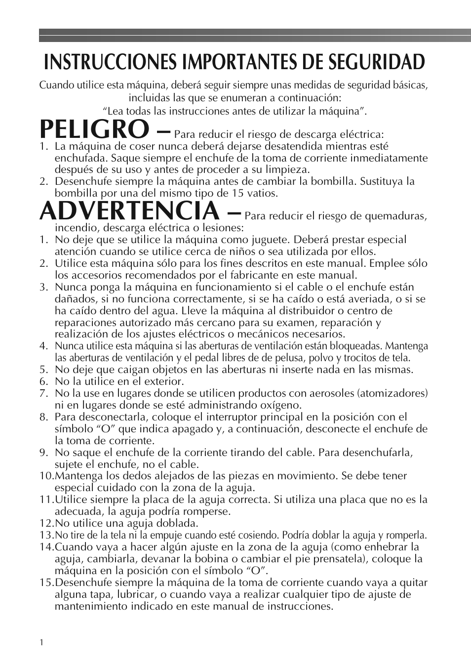 Peligro, Advertencia, Instrucciones importantes de seguridad | Brother LS2250PRW User Manual | Page 50 / 96