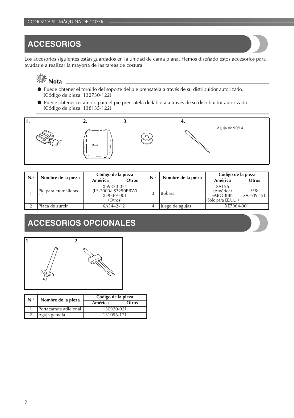 Accesorios, Accesorios opcionales, Nota | Brother LS2250PRW User Manual | Page 56 / 96