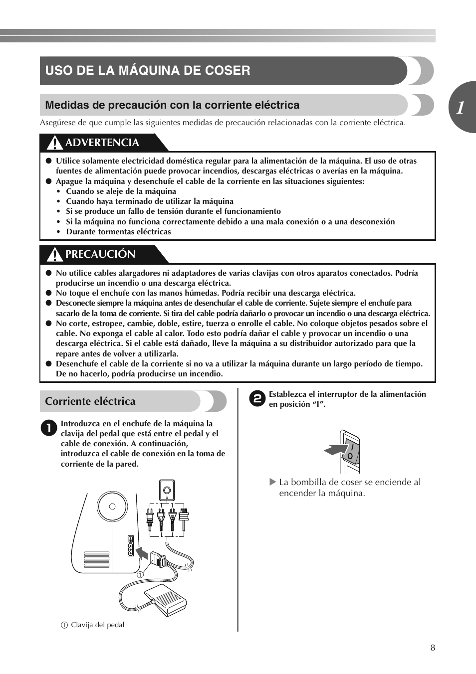 Uso de la máquina de coser, Medidas de precaución con la corriente eléctrica, Corriente eléctrica | Advertencia precaución | Brother LS2250PRW User Manual | Page 57 / 96
