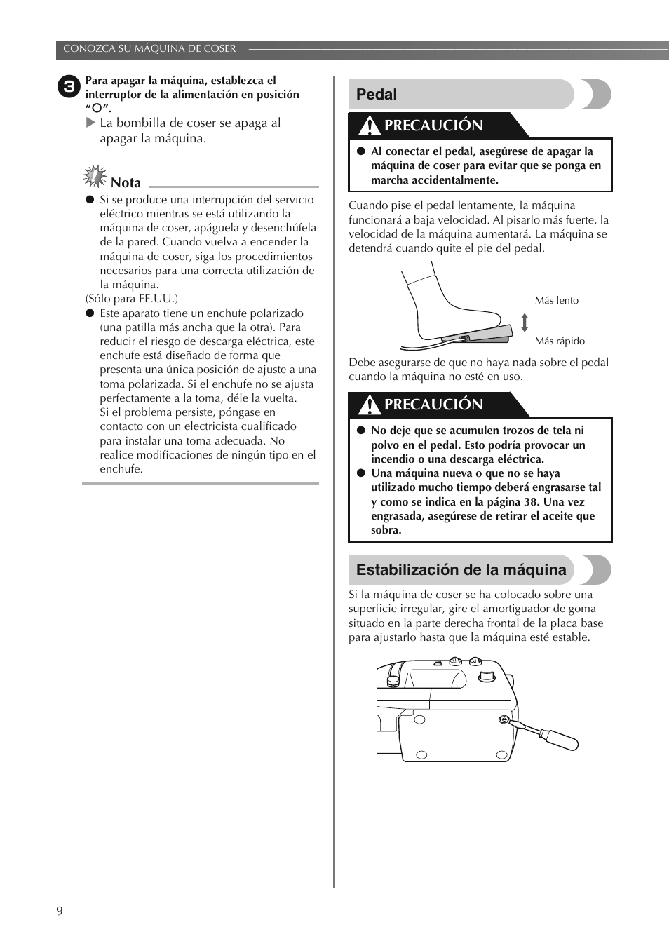 Pedal, Estabilización de la máquina, Precaución | Brother LS2250PRW User Manual | Page 58 / 96