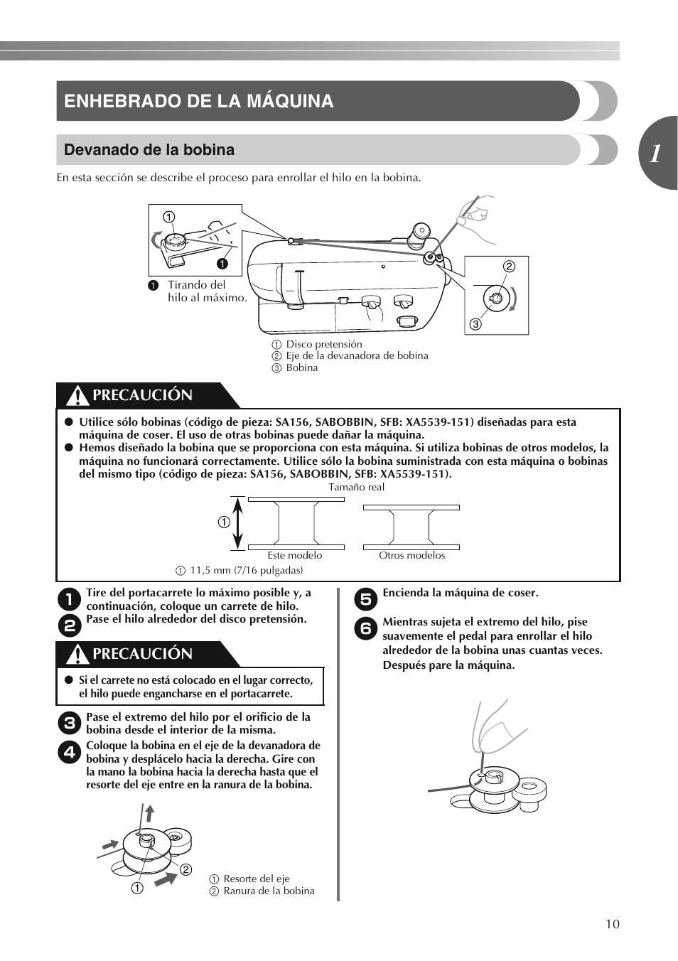 Enhebrado de la máquina, Devanado de la bobina, Precaución | Brother LS2250PRW User Manual | Page 59 / 96
