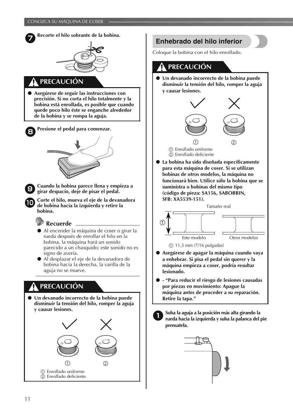 Enhebrado del hilo inferior, Precaución, Recuerde | Brother LS2250PRW User Manual | Page 60 / 96