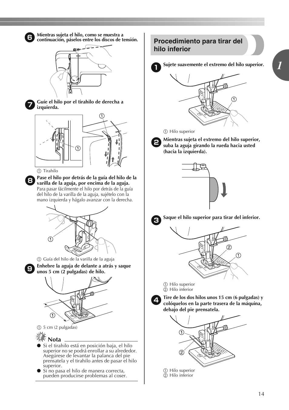 Procedimiento para tirar del hilo inferior, Nota | Brother LS2250PRW User Manual | Page 63 / 96