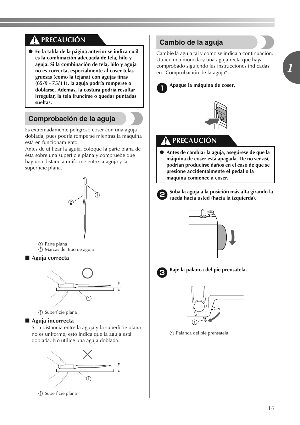 Comprobación de la aguja, Cambio de la aguja, Precaución | Brother LS2250PRW User Manual | Page 65 / 96